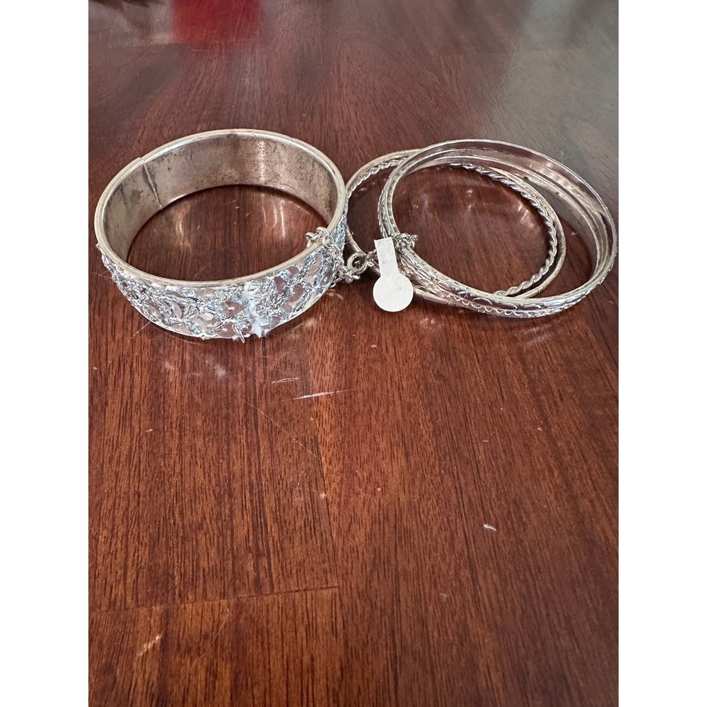 Silver Tone Bangle‎ Bracelet Set - Textured, Stackable, Fashion Jewelry